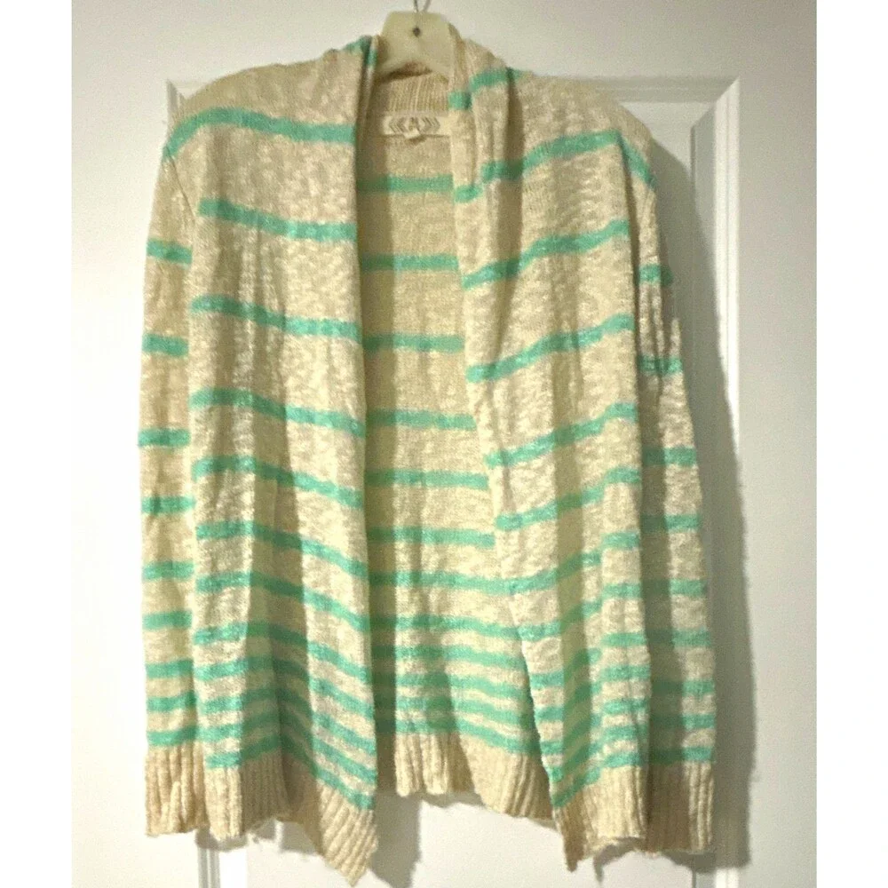PNK ROSE Women's Beige/Green Striped Open Front Long Sleeve Knit Cardigan M